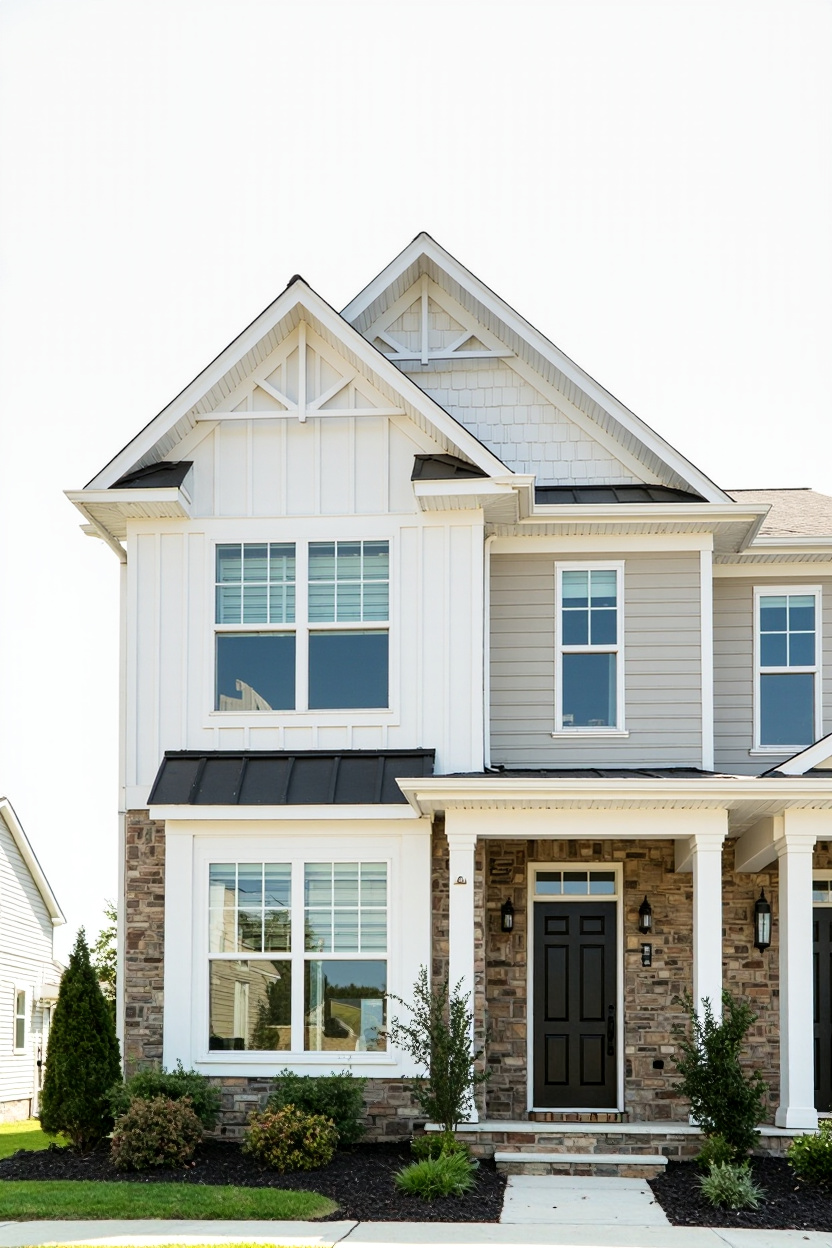 Two-story beige house with stone accents and white trim