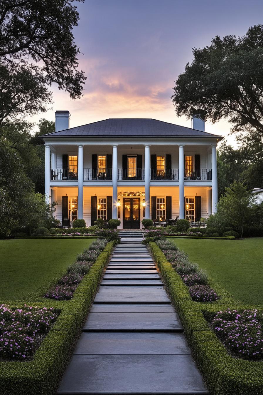 Classic Southern mansion with a columned front porch during sunset