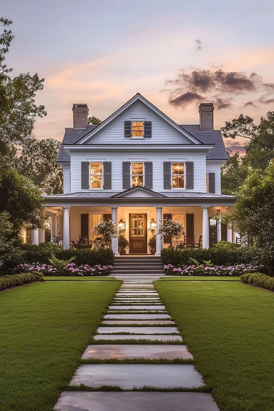 Contemporary southern style house rectangular two story facade clapboard siding white painted wood pitched roof tall sash windows with shutters