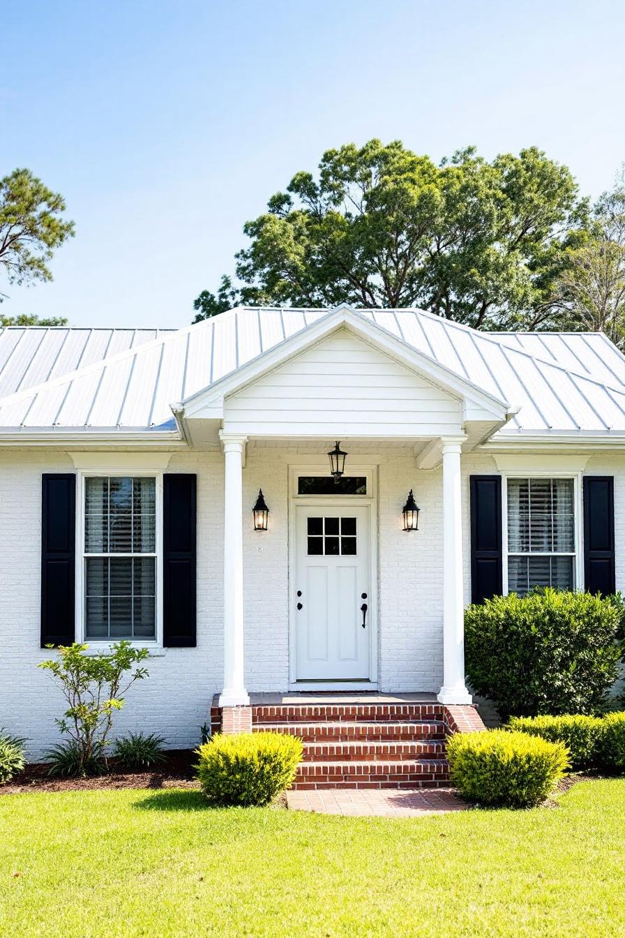 White house with black shutters and lush lawn