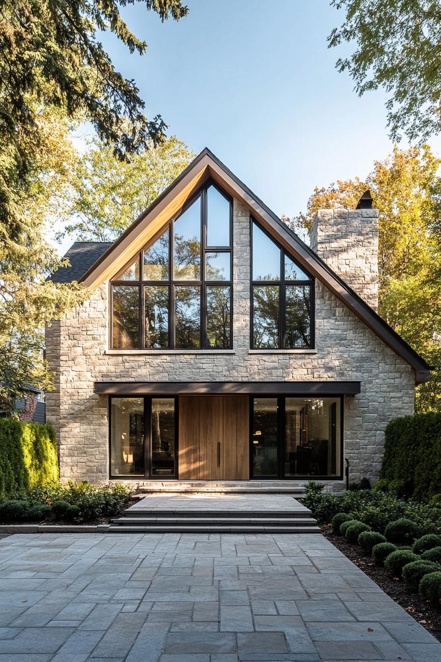 Contemporary stone cottage symmetrical gable front facade rustic stone walls slate roofing expansive multi pane windows prominent wooden front 2