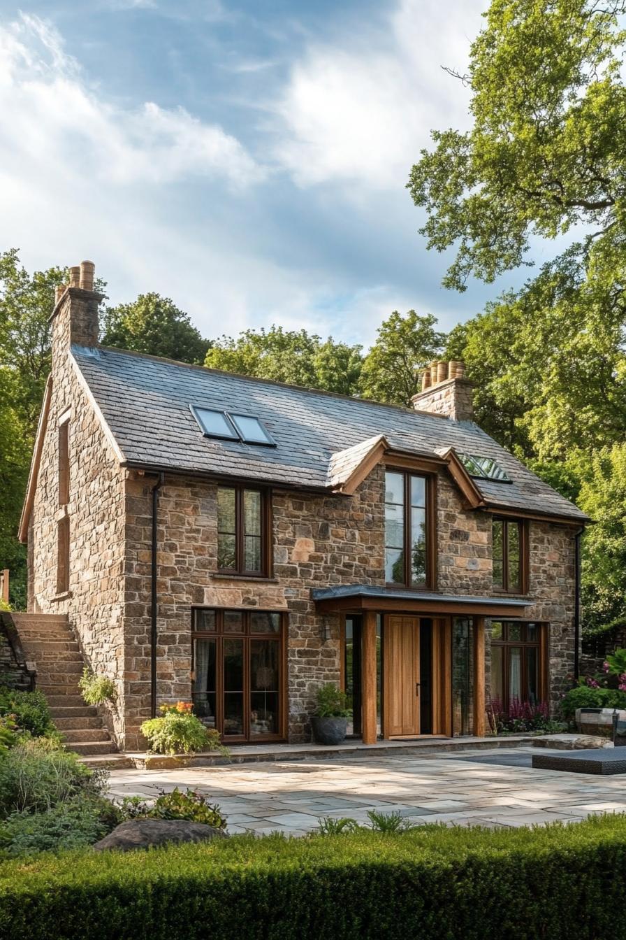 Charming stone cottage with wooden accents and lush greenery