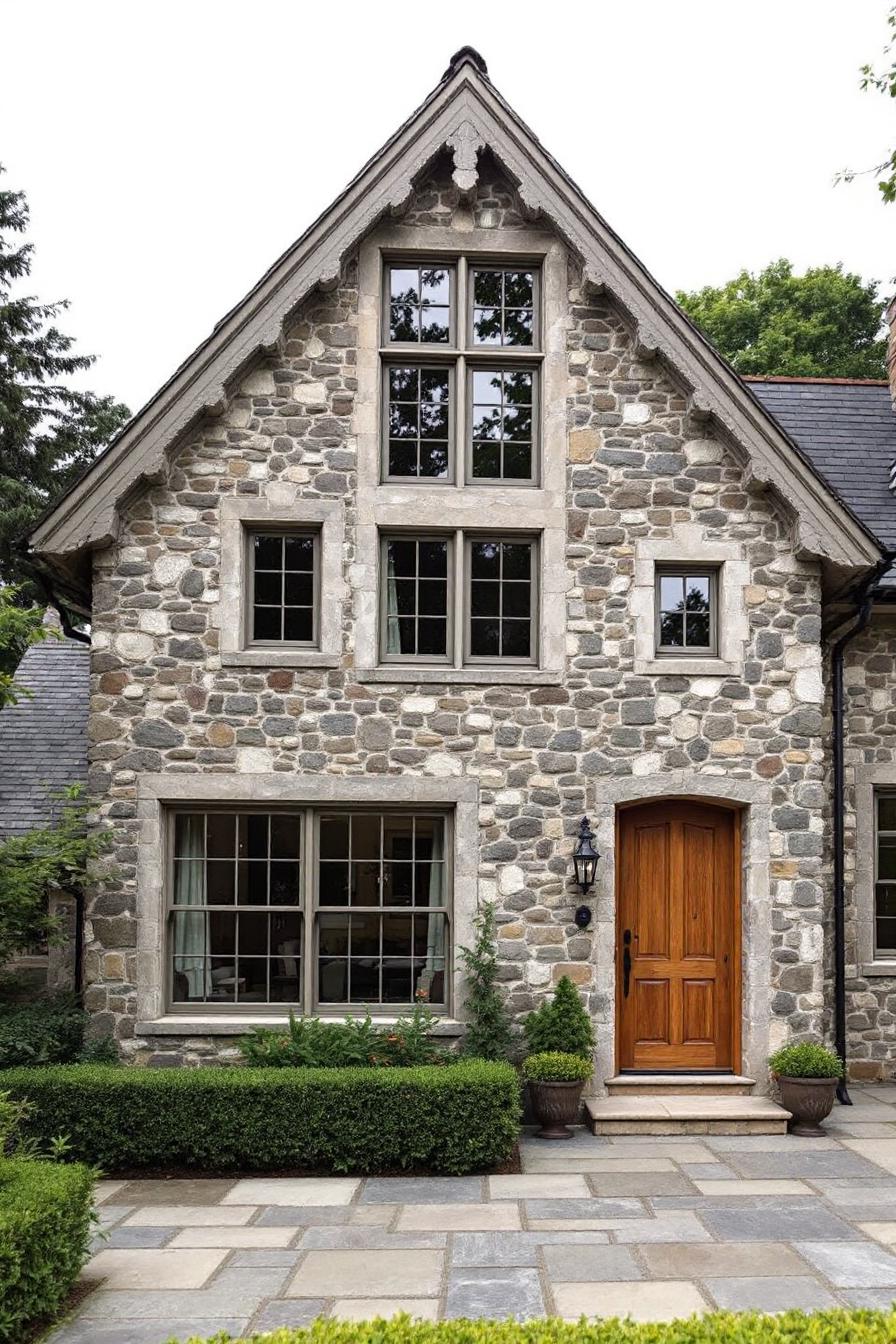 Stone cottage with a wooden door and large windows