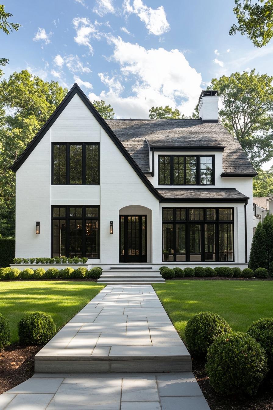 Striking white home with contrasting black trim