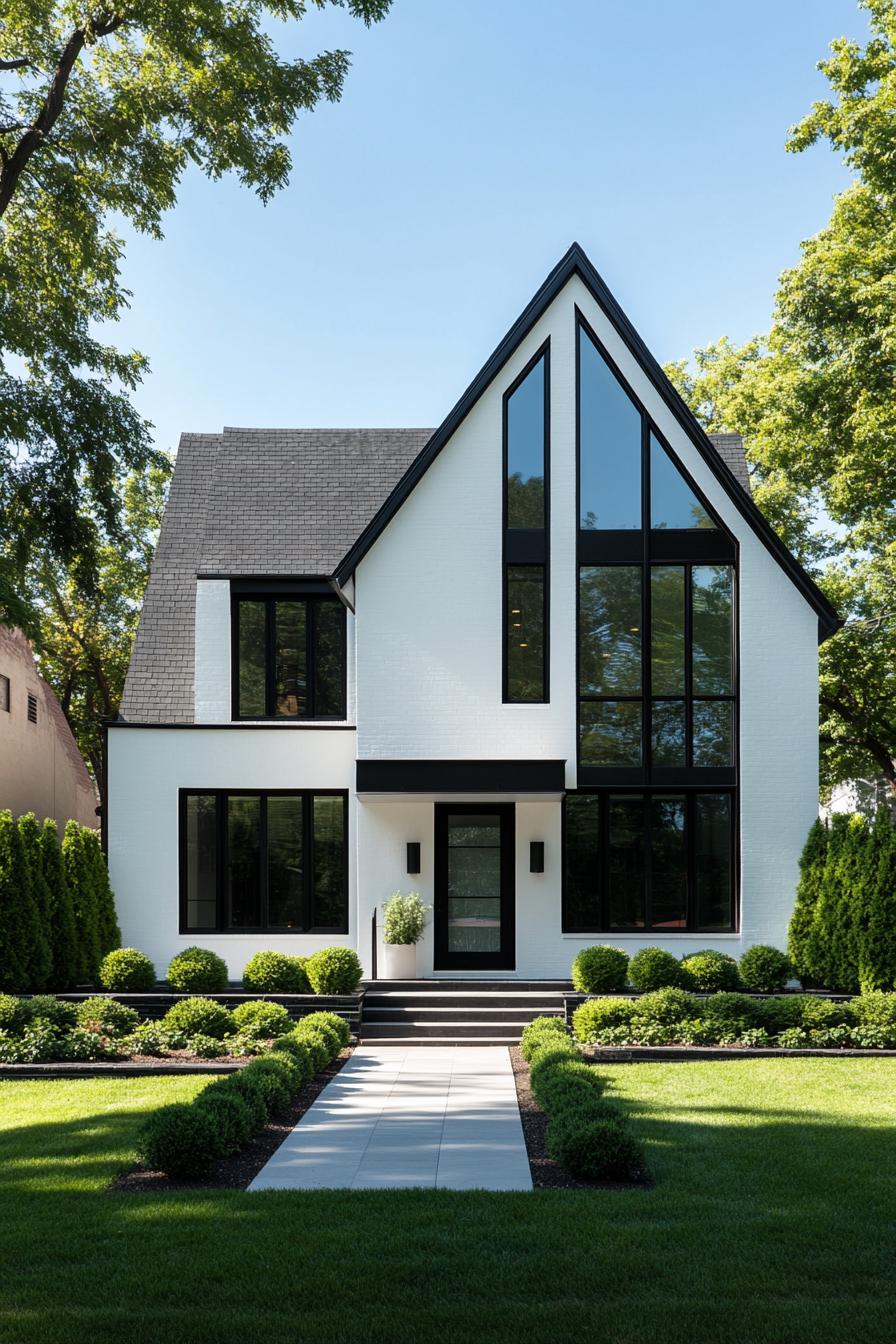 White house with black accents and a pitched roof