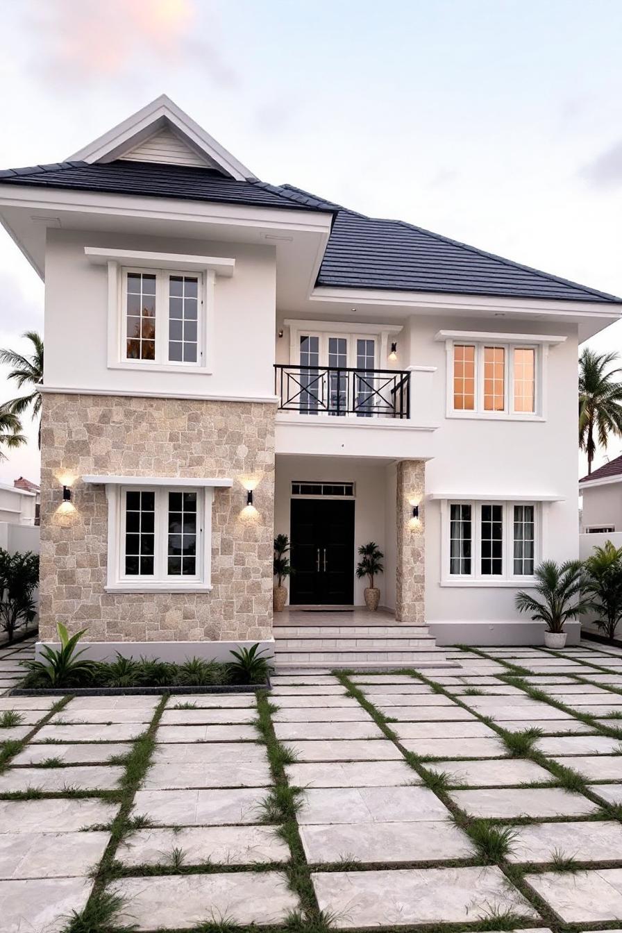 Contemporary Kerala-style house with a stone facade and tiled roof