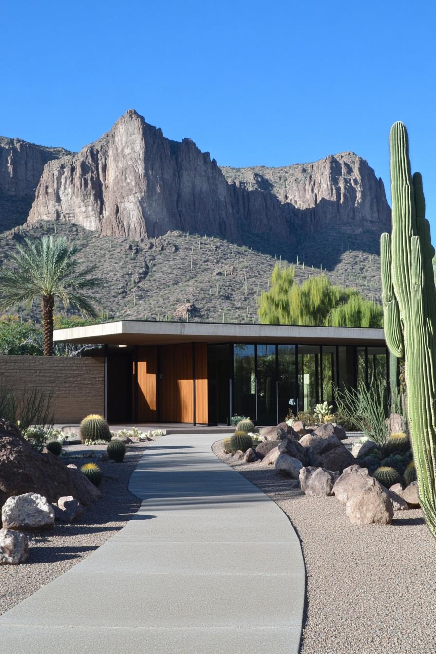 Mid-century modern house with desert landscape