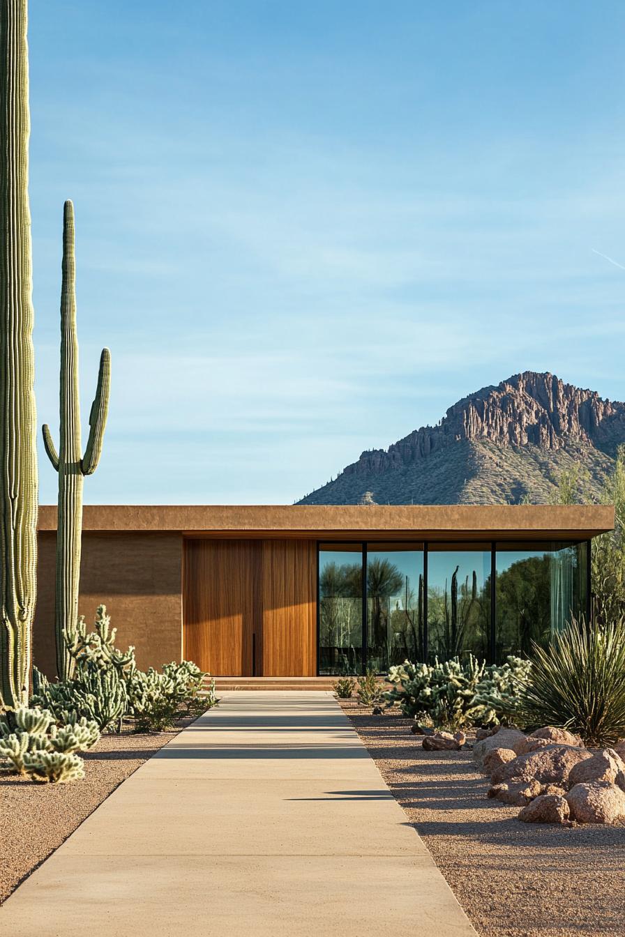 Modern desert home with cacti and mountain backdrop