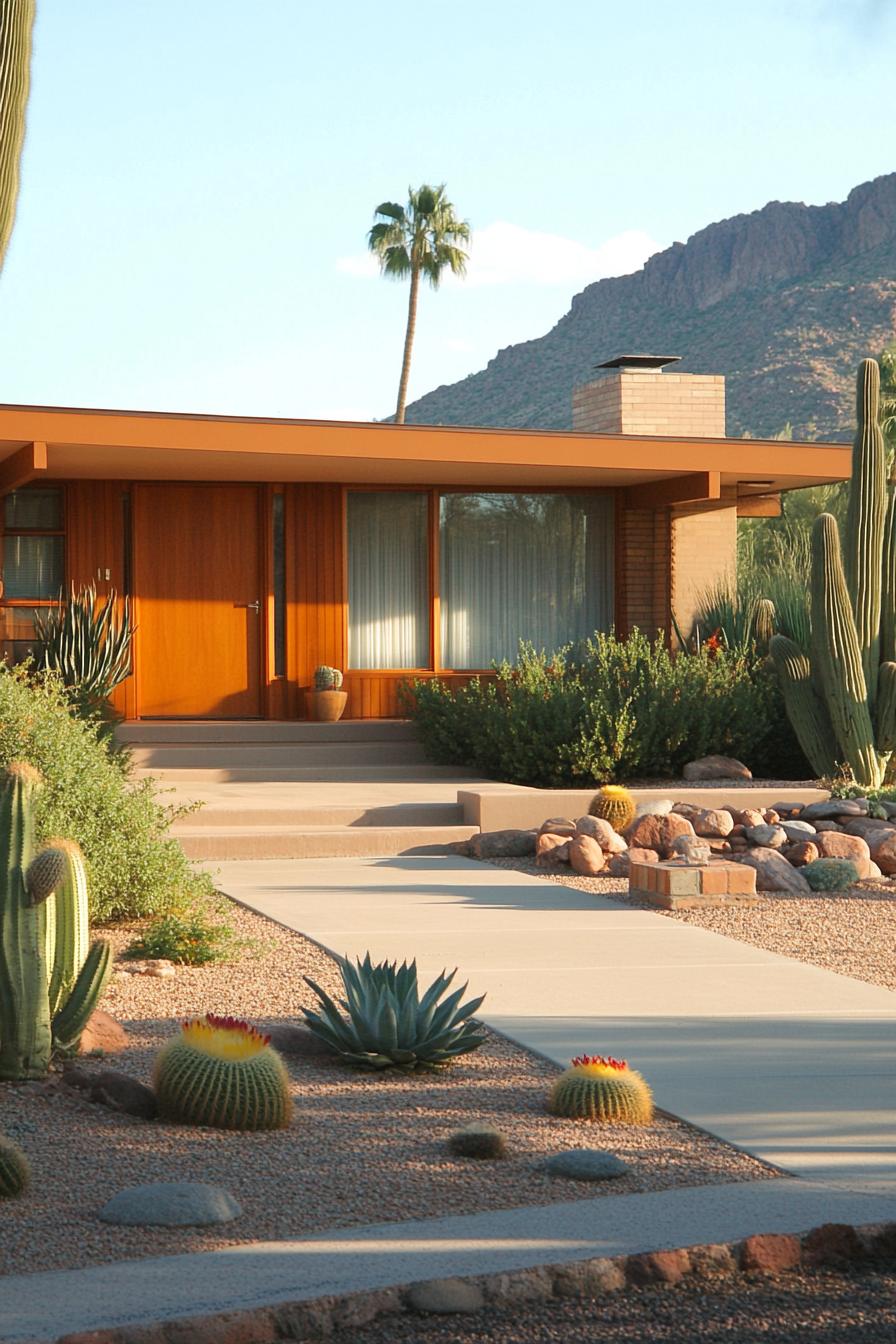 Mid-century house surrounded by desert landscape and cacti