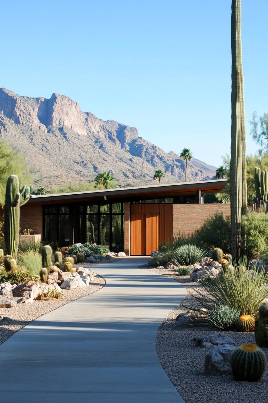 Modern house with cacti and mountains in the background