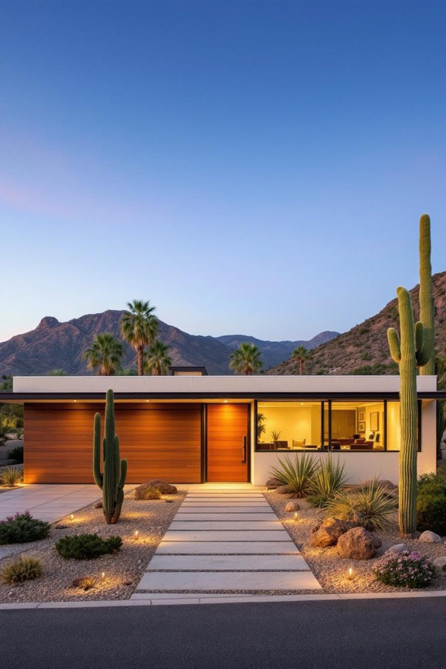 Mid-century modern home with cacti and mountains