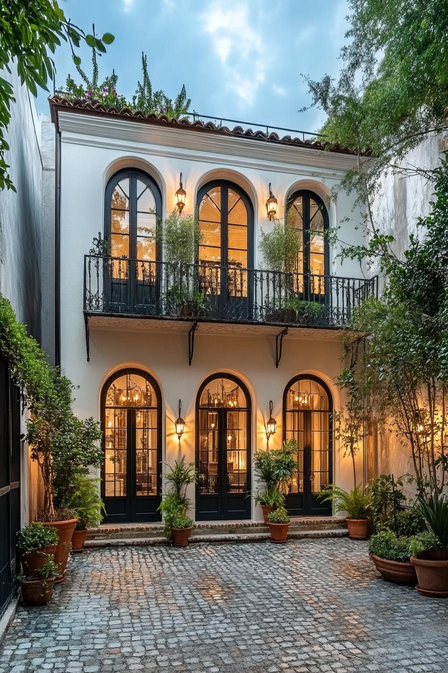 Charming Italian villa courtyard with glowing arches