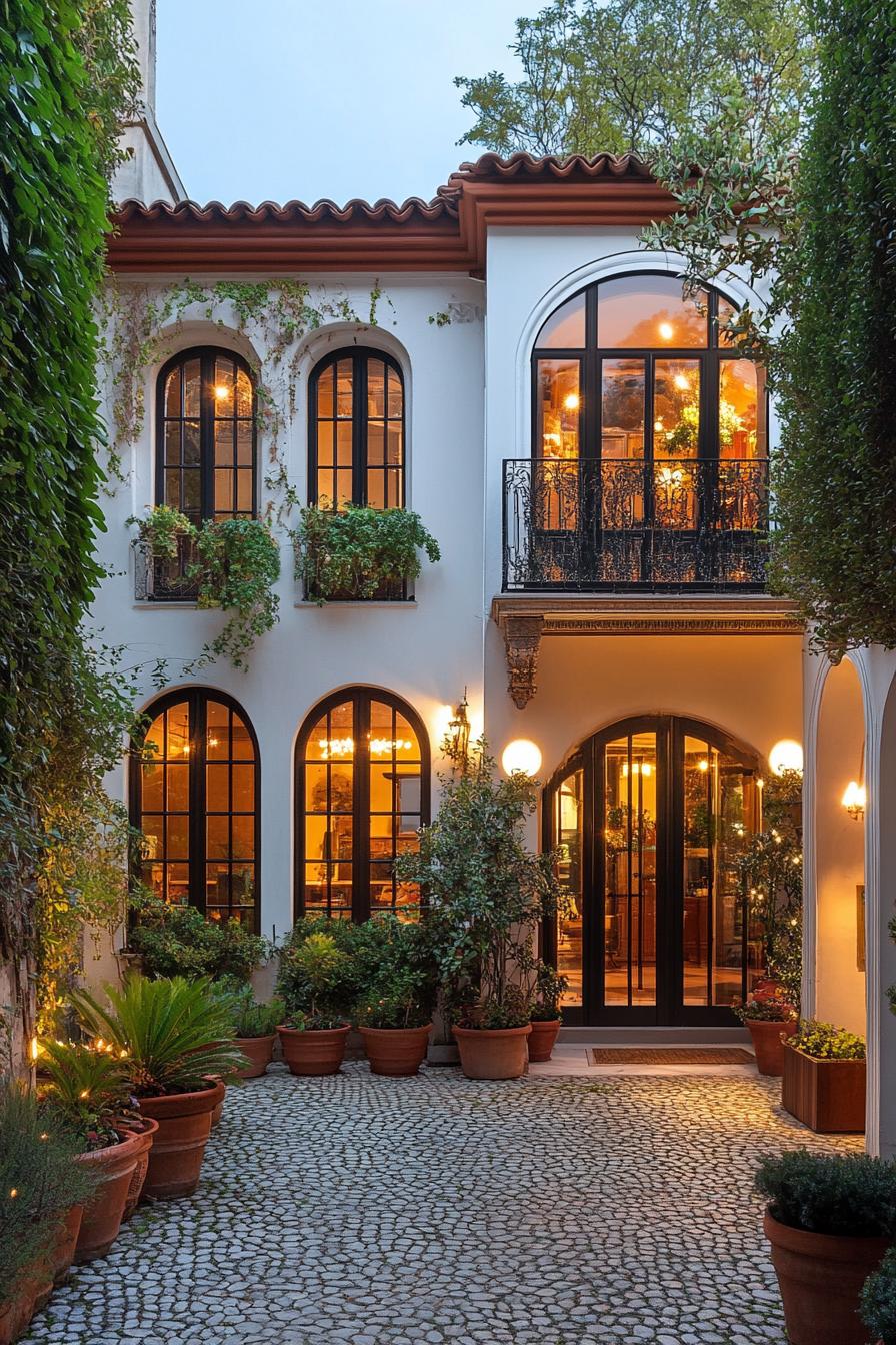 Modern Italian villa with arched windows and lush plants