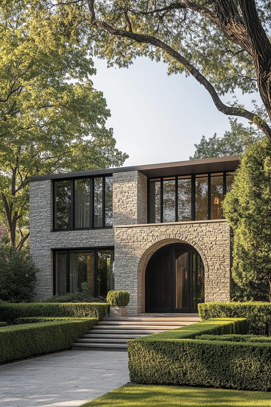 Modern villa with stone arch and large windows