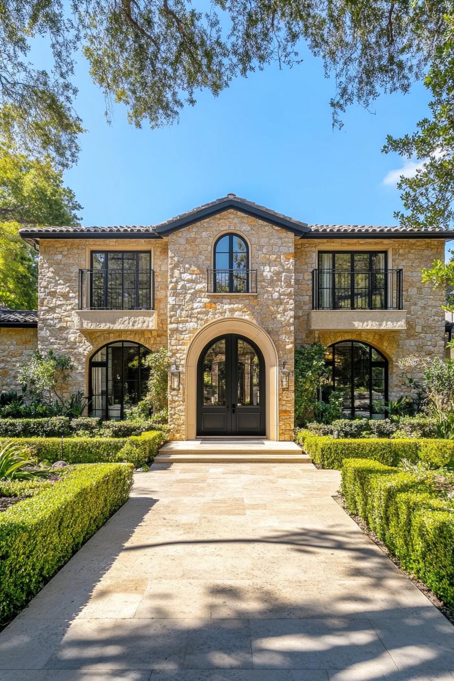 Stone Villa with Elegant Black Doors