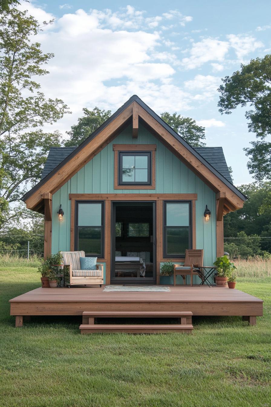 Small green cottage with wooden accents and a cozy porch