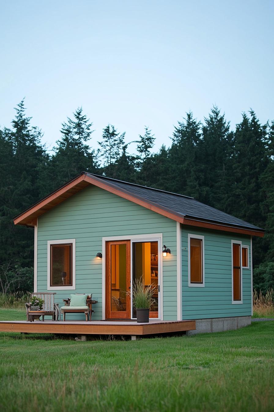 Tiny cottage with mint-green siding and wooden deck