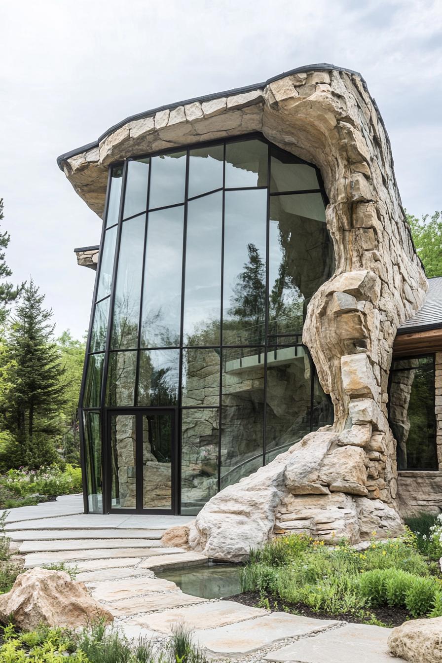 Impressive house with rock-like exterior and large glass windows