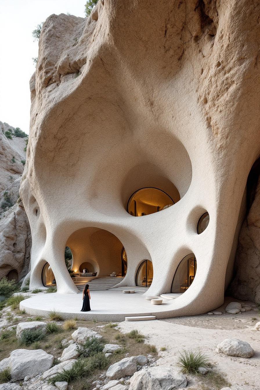 Sculpted rock house with round openings