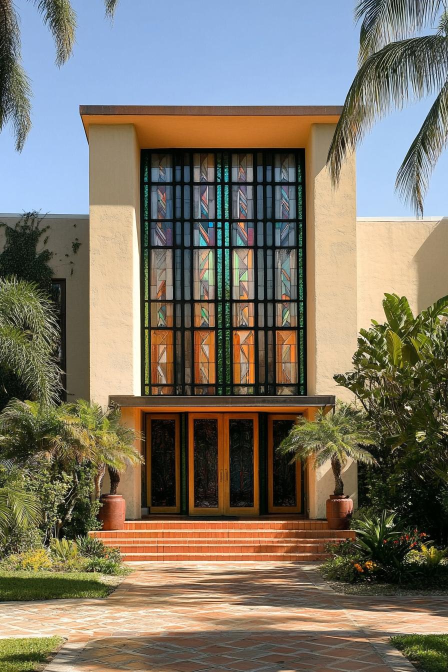 Art Deco house with vibrant stained glass and tropical plants