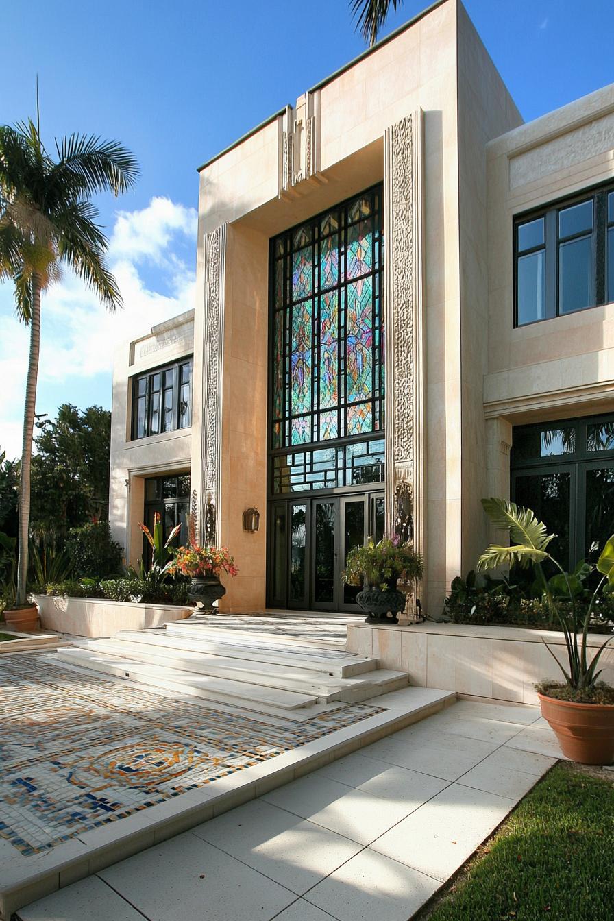 Art Deco facade with stained glass window and palm trees