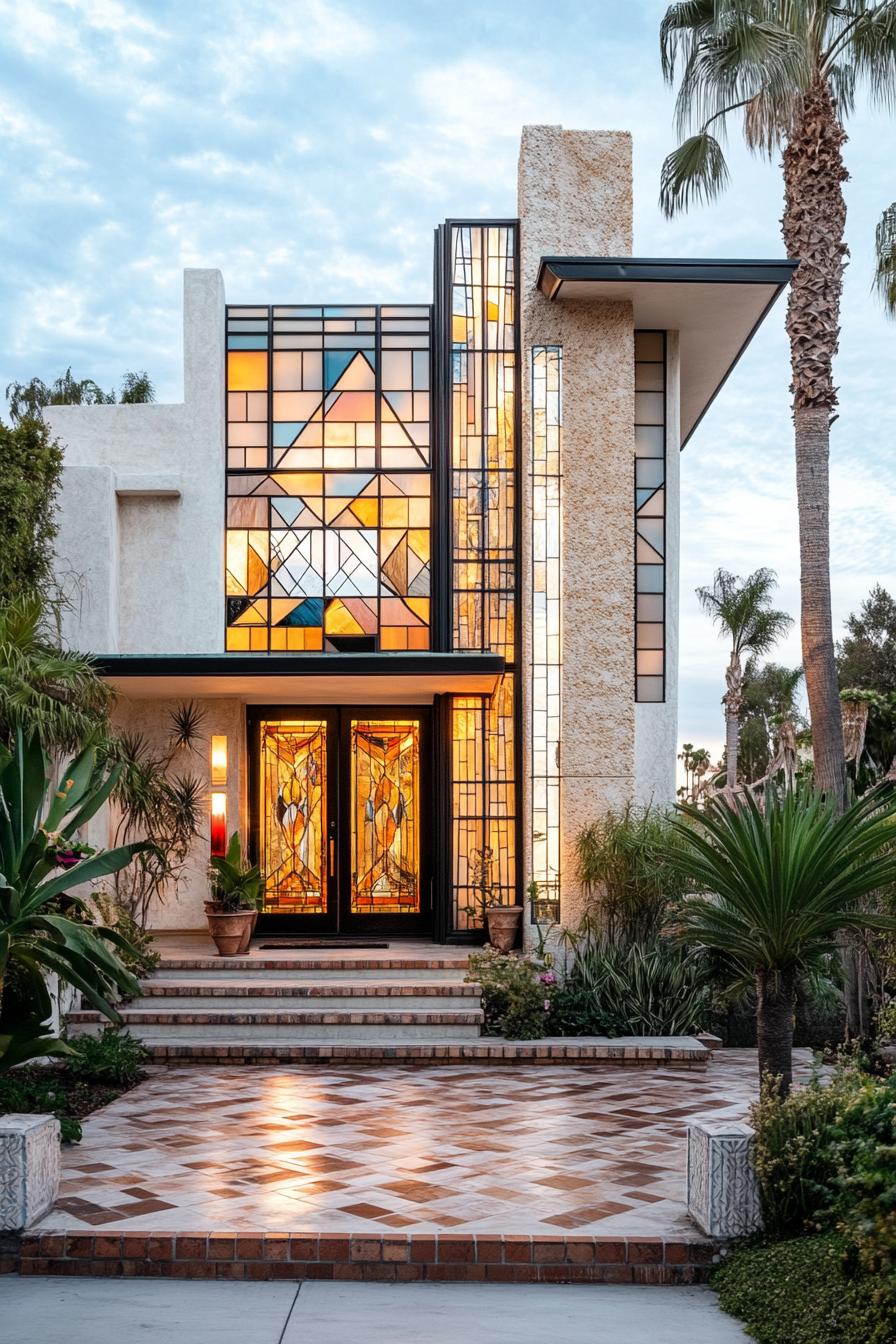 Art Deco house with vibrant stained glass facade