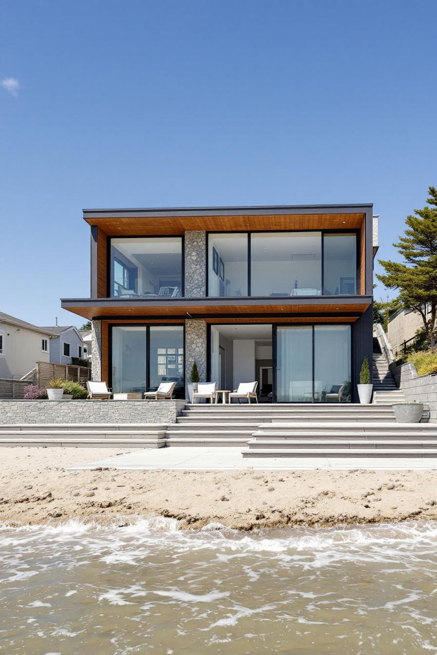 Two-story modern beachfront home with large glass windows