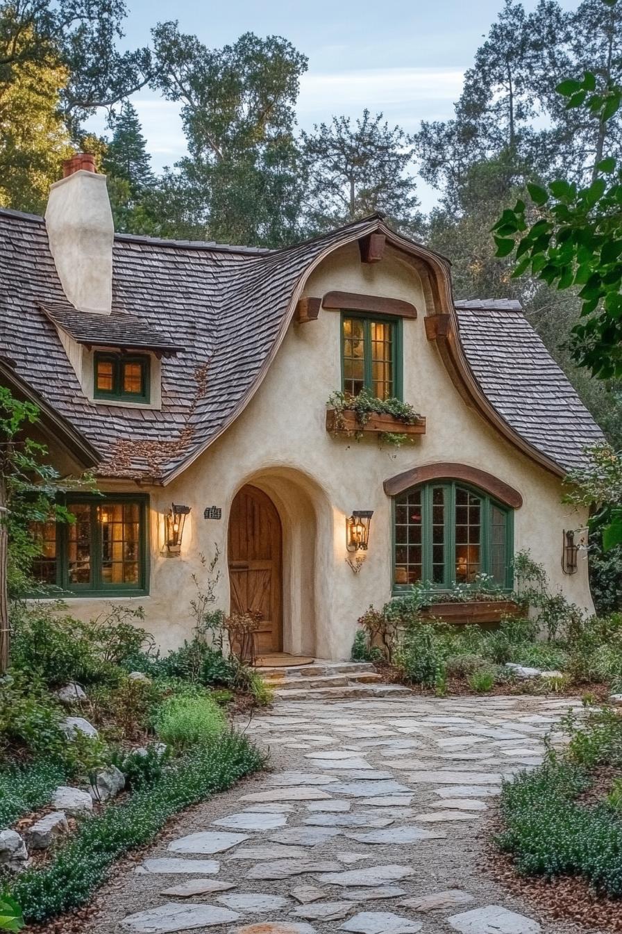 Quaint cottage with curved roof and stone path