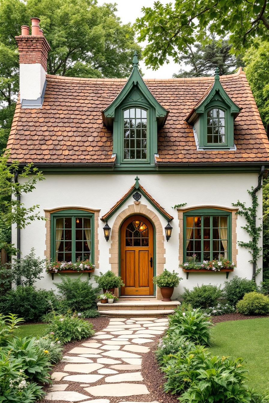 Charming country cottage with stone path and lush garden