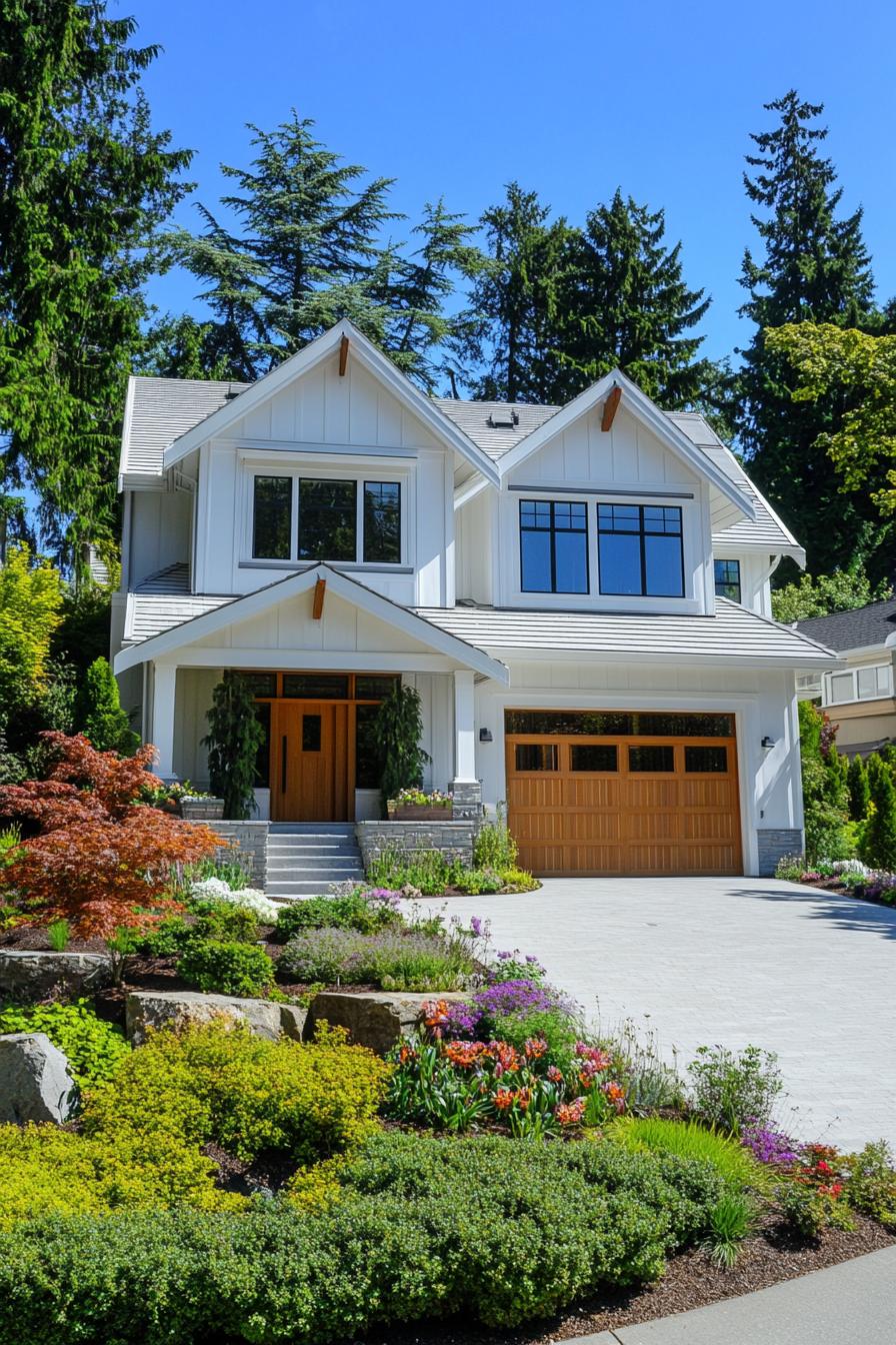 White house with wooden accents and abundant greenery