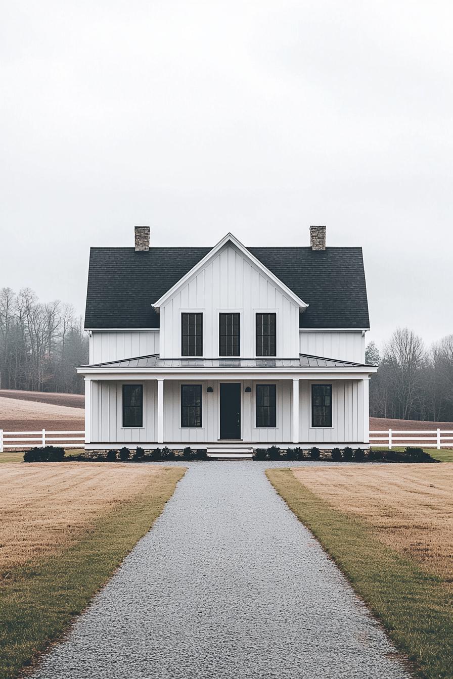 White farmhouse with a gabled roof and pathway