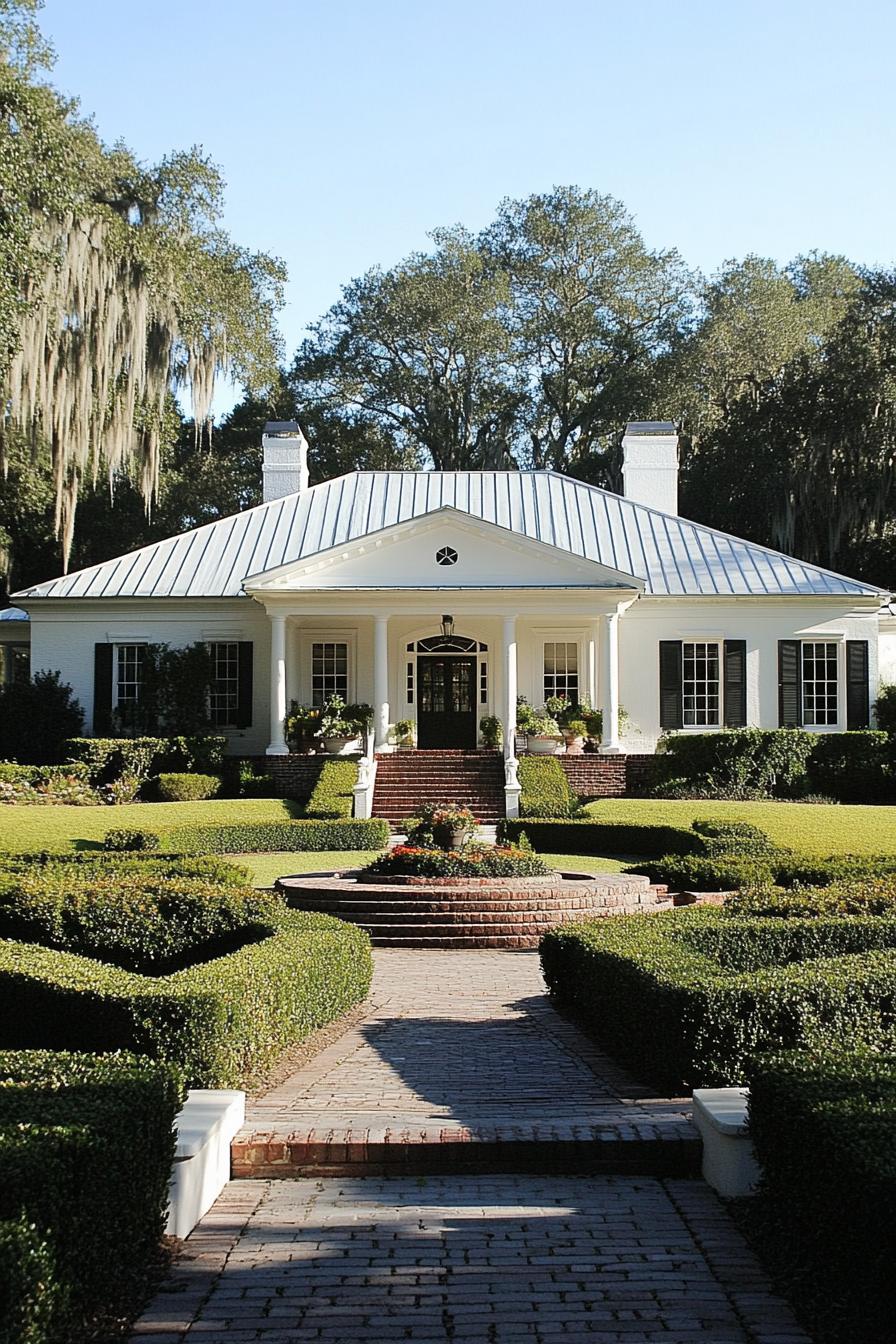 White house with columns and lush greenery