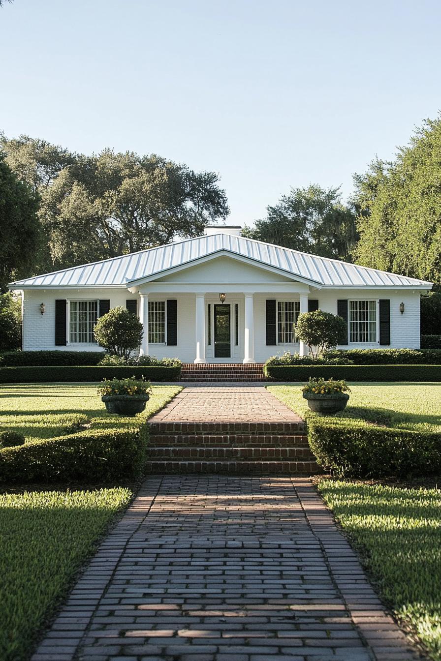 Colonial-style home with four white columns and manicured lawn