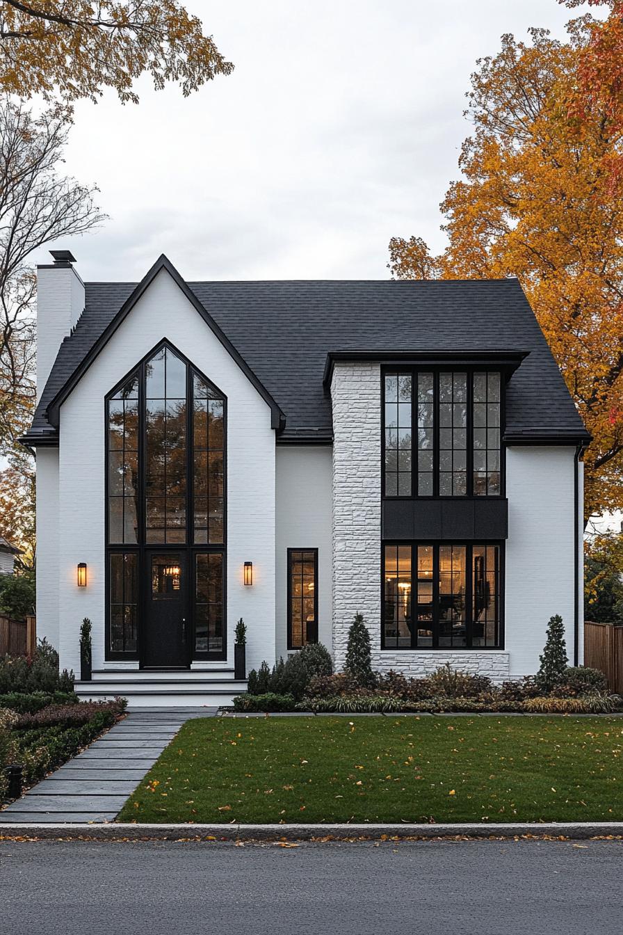 White house with bold black windows and a gabled roof