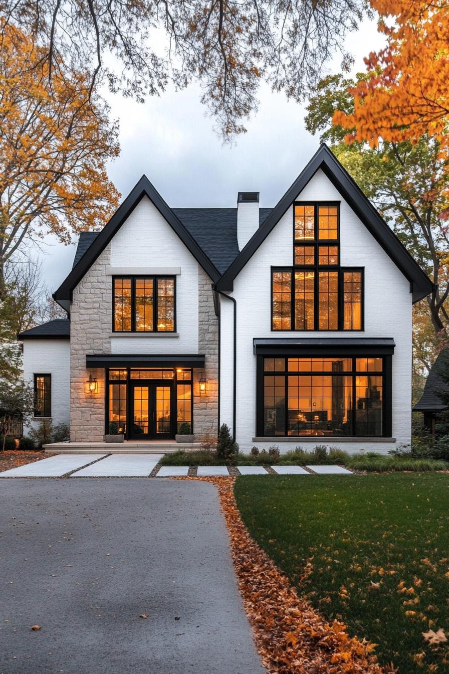 Elegant white house with black trim and autumn leaves