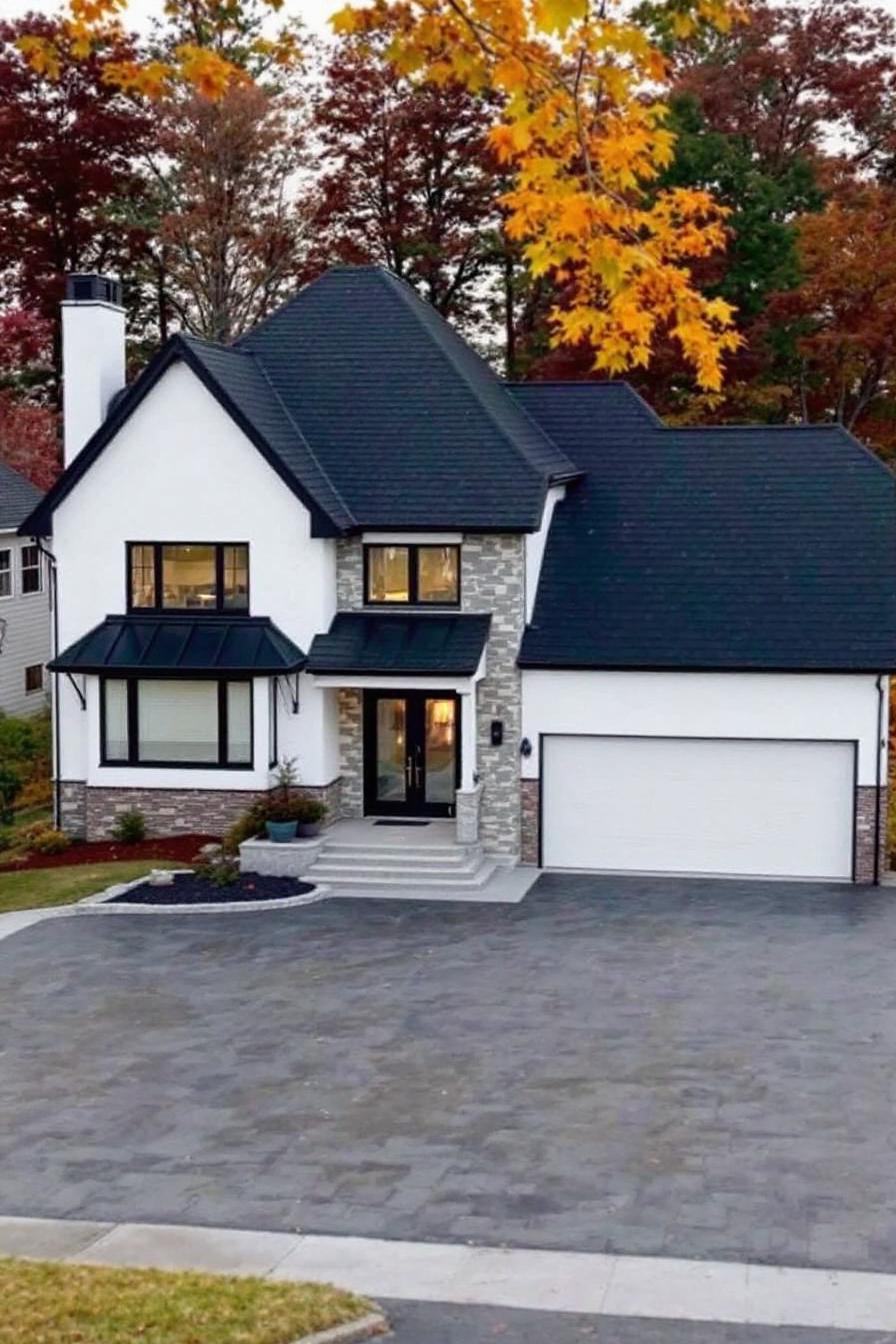 White house with eye-catching black trims and large driveway