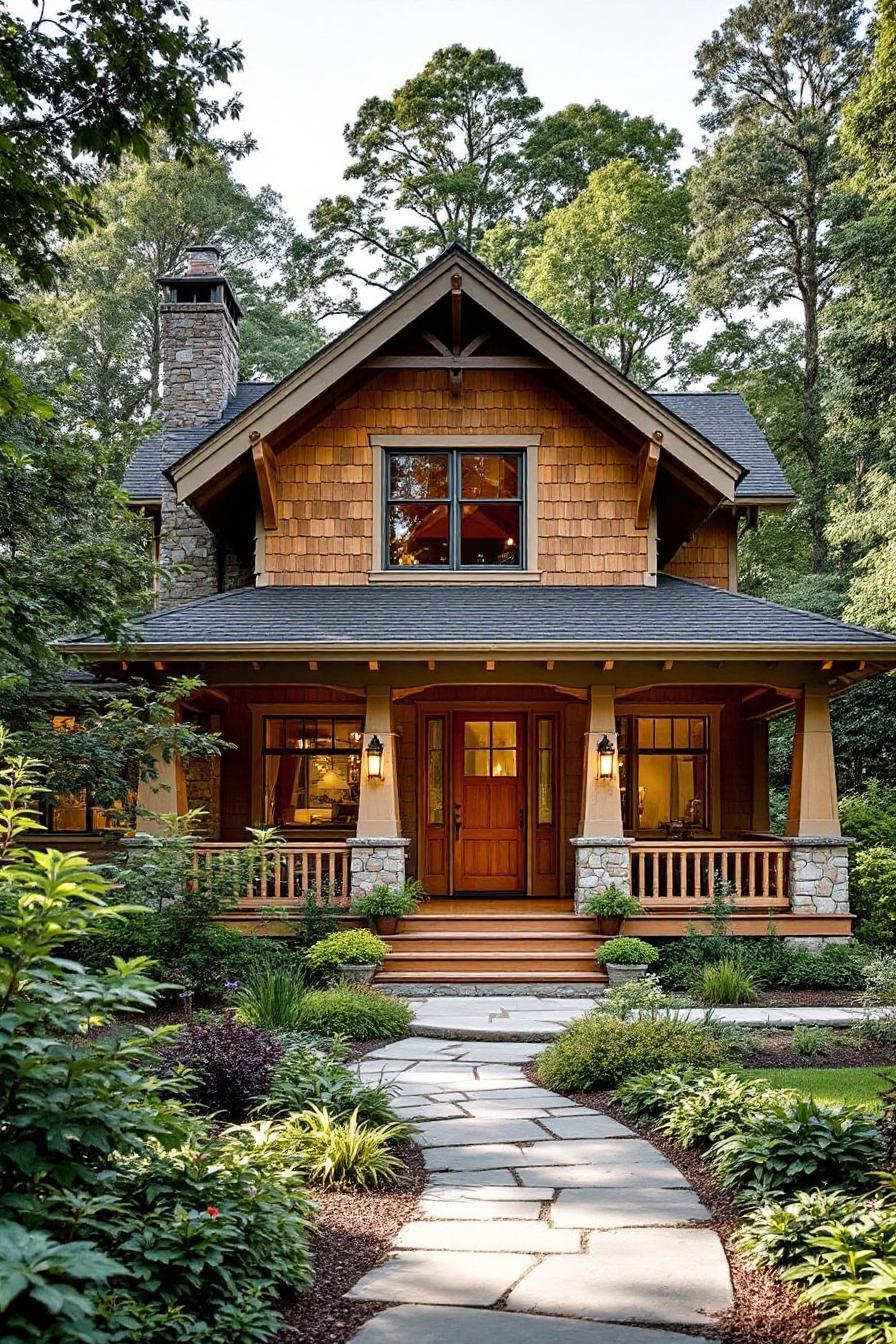 Craftsman cottage with wooden facade and lush garden