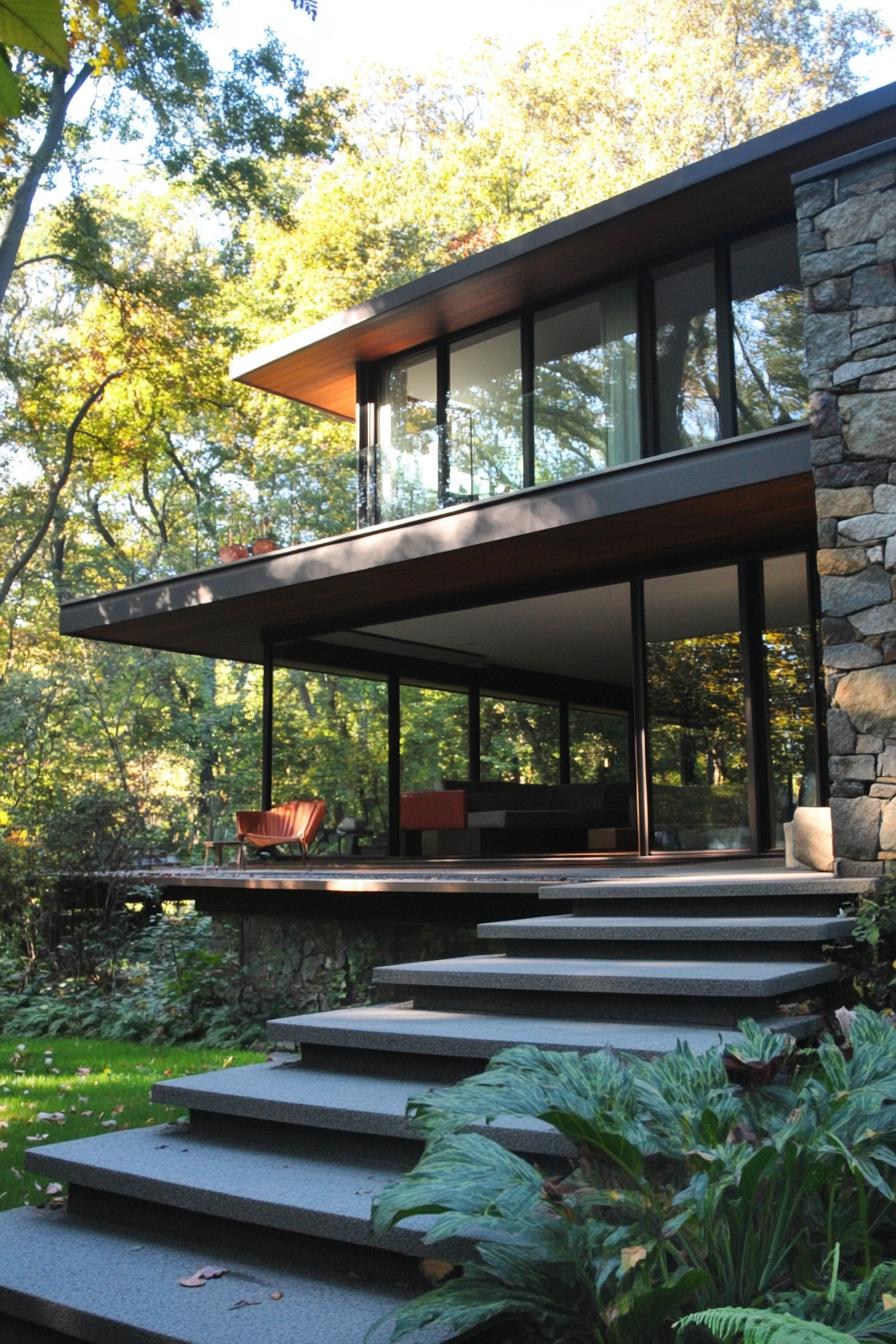 Modern house with large windows and a stone facade in the woods