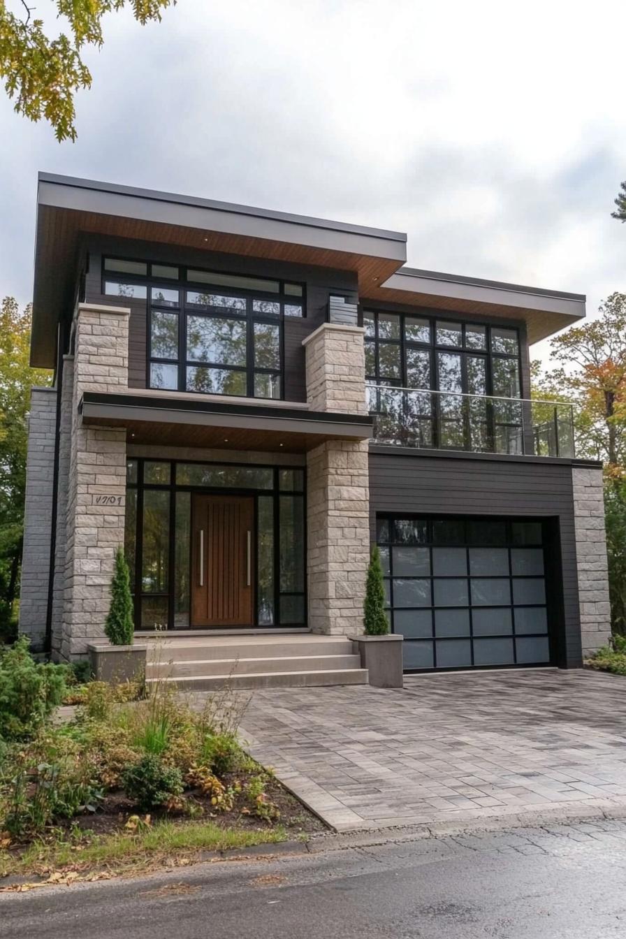 Modern house with stone facade and large windows