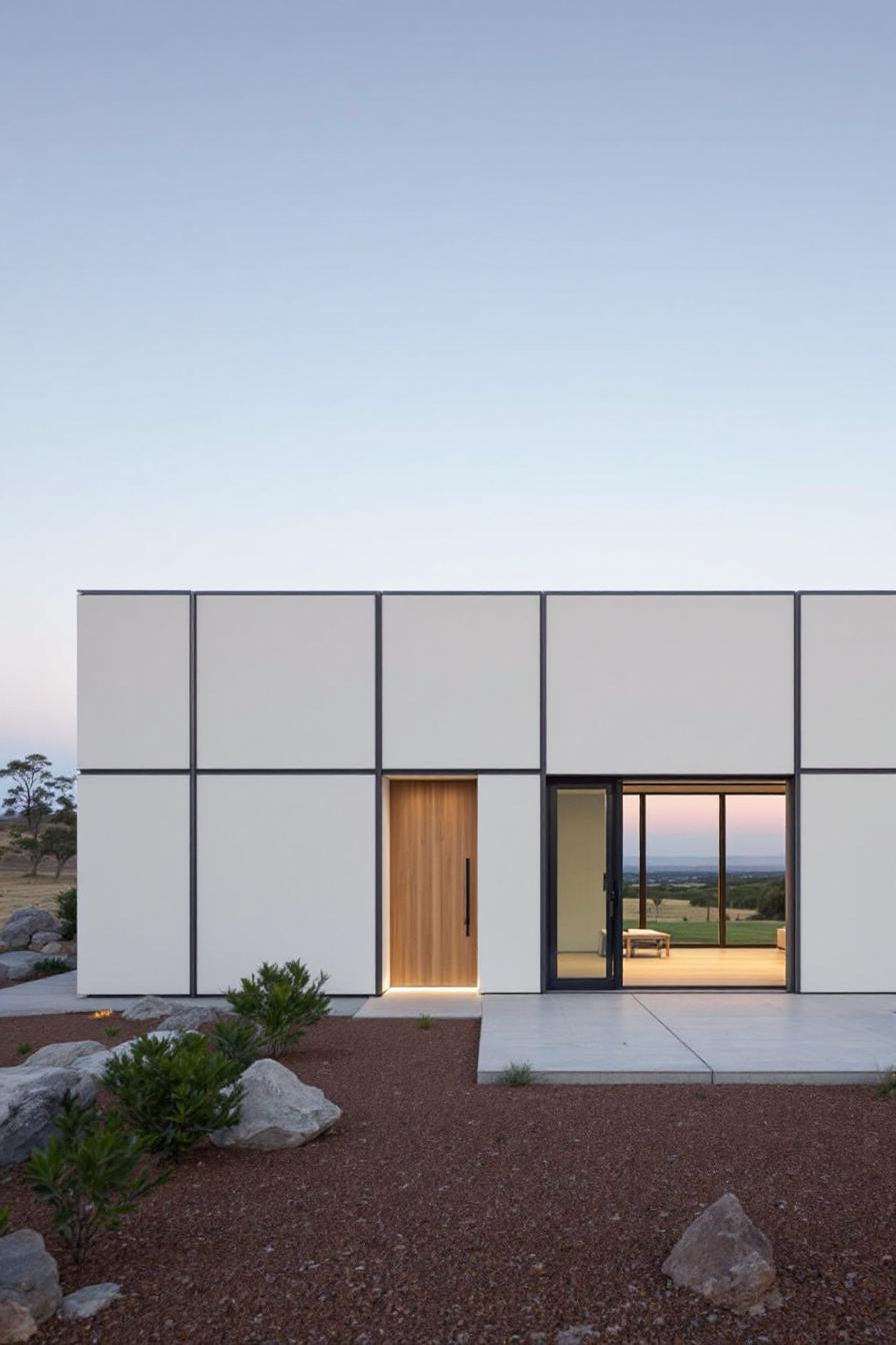 Minimalist house with clean lines and a wooden door