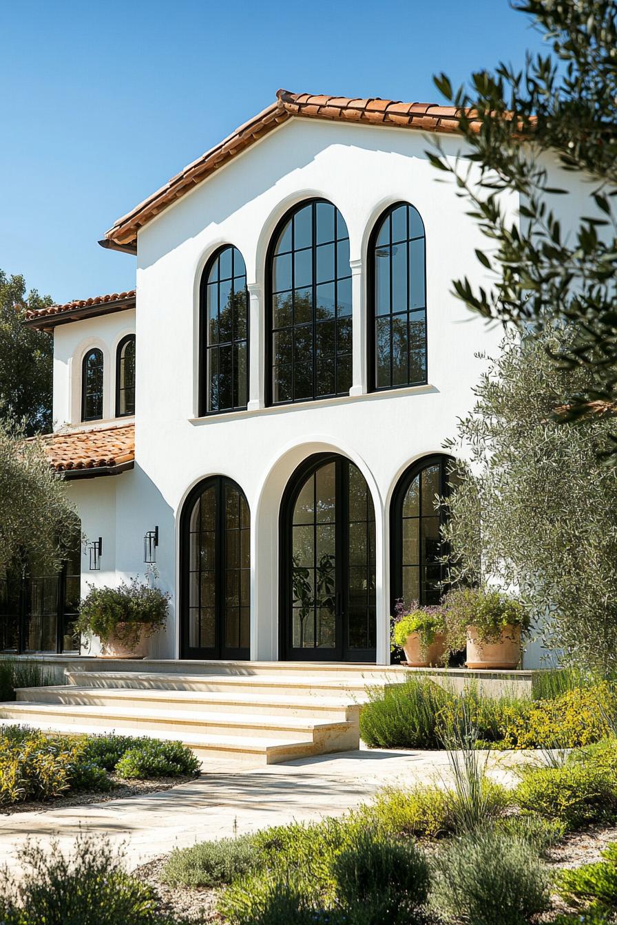 White villa with large arched windows and terracotta roof