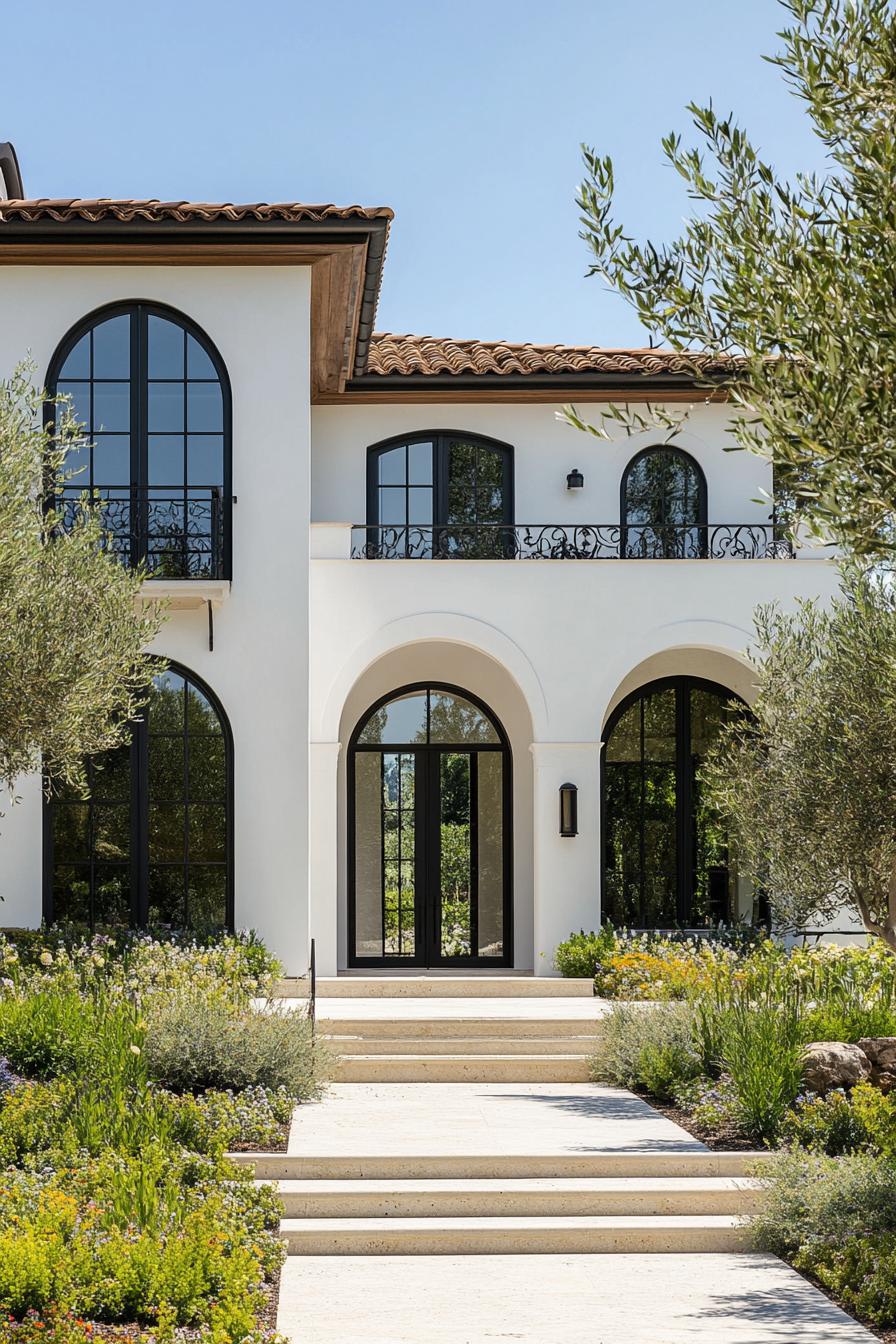 Italian villa with arched windows and lush garden