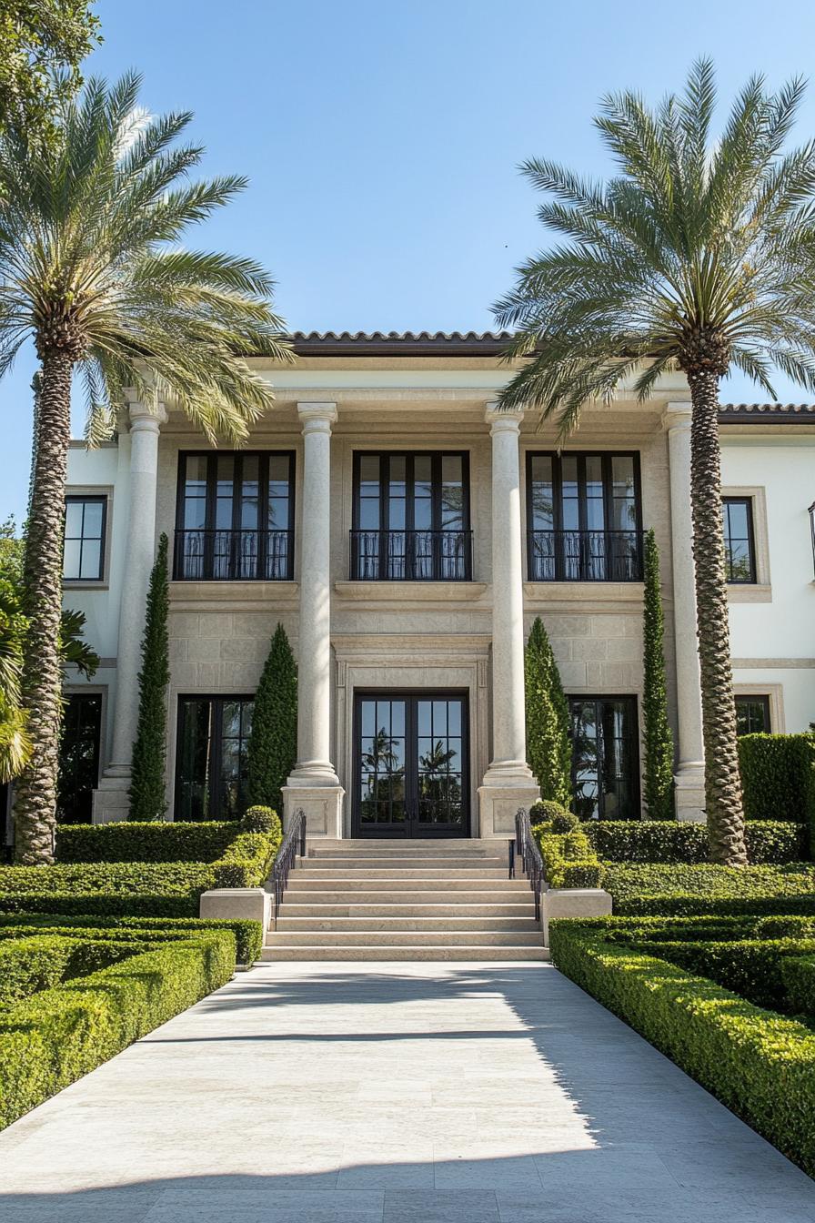 Majestic villa facade with lush greenery and columns