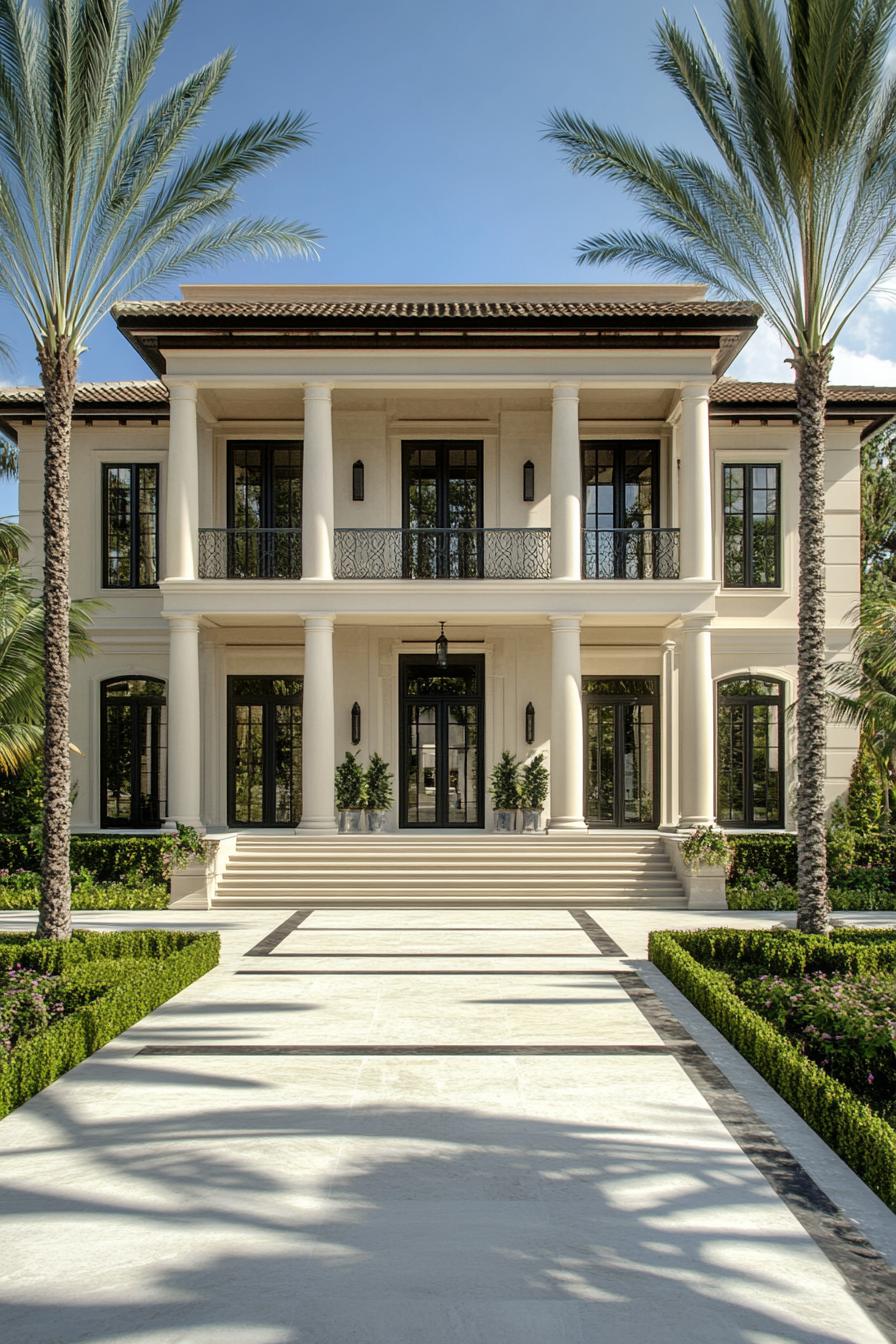 Grand villa entrance with pillars and lush greenery