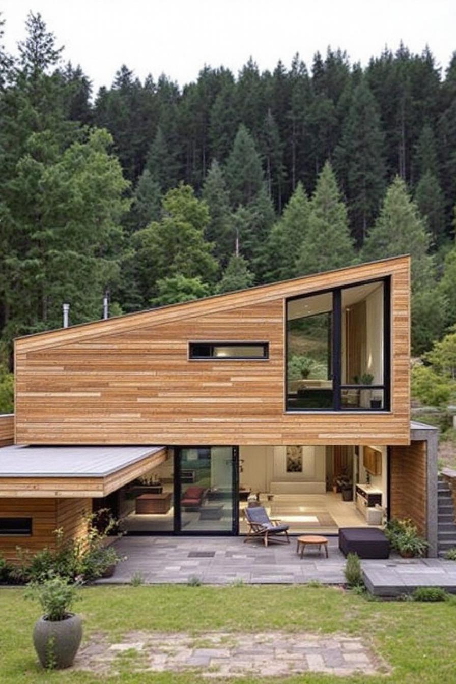 Wooden, slanted-roof house amid forest backdrop