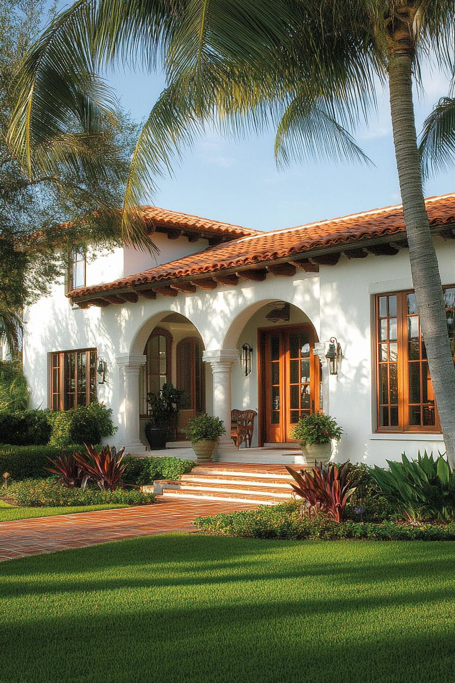 White Spanish cottage with terracotta roof and lush garden