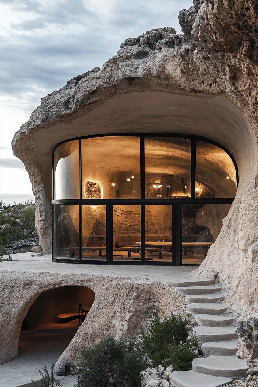 Modern cave house with large glass front