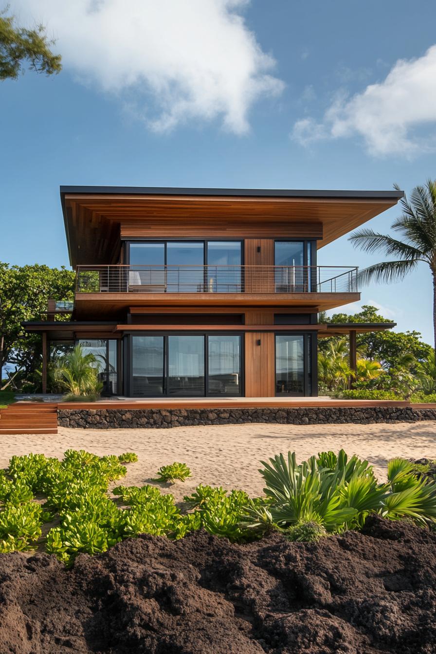 Modern beachfront house with lush greenery and sandy surroundings