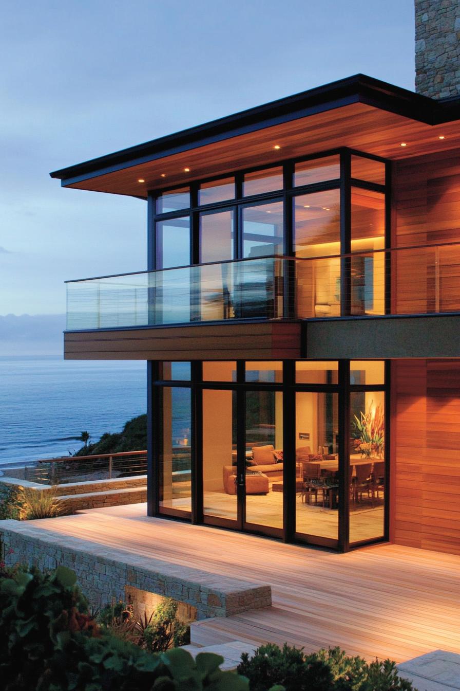 Contemporary beachfront home with large glass windows and wooden accents overlooking the ocean