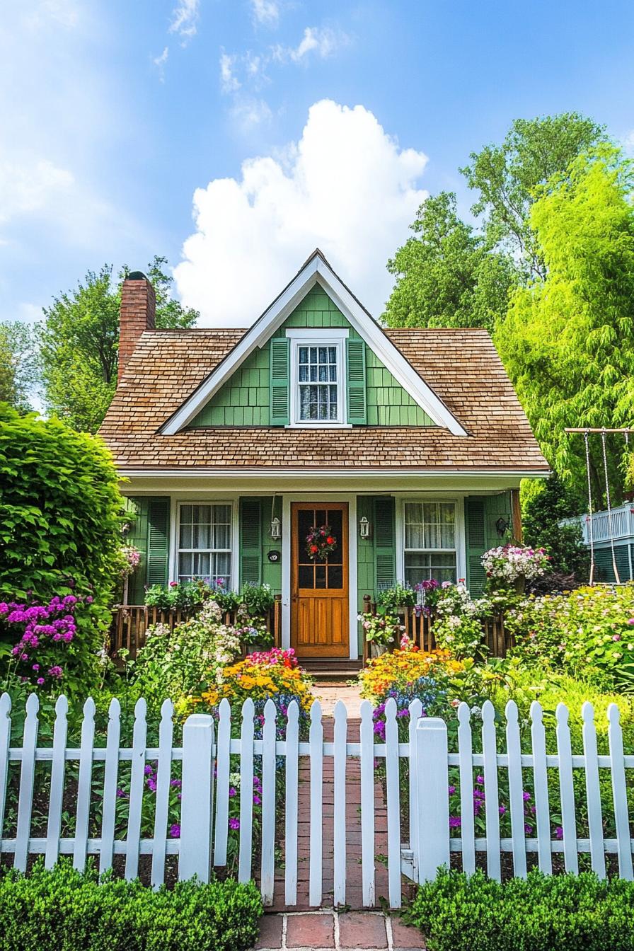 Charming green cottage with a colorful garden and white picket fence